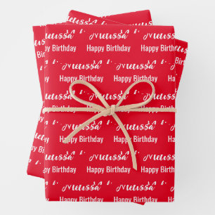 Happy Birthday Bright Red and White Name Muster Geschenkpapier Set