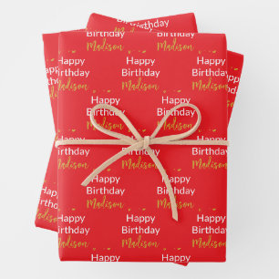 Happy Birthday Bright Red White Gold Script Name Geschenkpapier Set