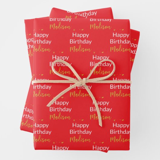 Happy Birthday Bright Red White Gold Script Name Geschenkpapier Set (Beispiel)