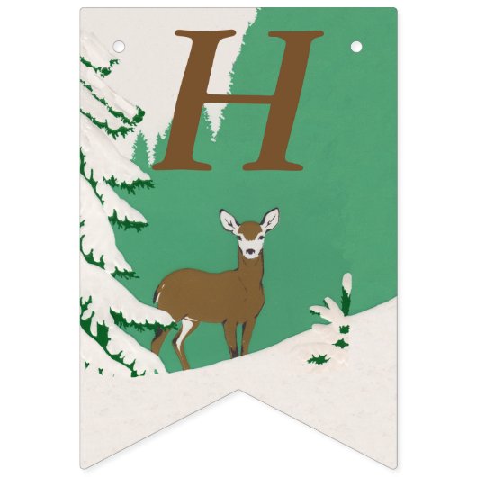 Happy Birthday Brown Deer in Snow by Pine Tree Wimpelkette (Erste Fahne)