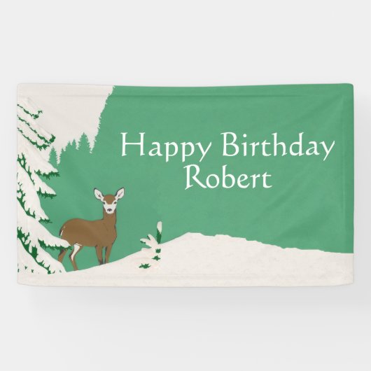 Happy Birthday Brown Doe Deer Pine Tree Schnee Grü Banner (Horizontal)