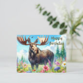Happy Birthday Bull Elch und Wildblumen Postkarte (Stehend Vorderseite)
