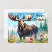 Happy Birthday Bull Elch und Wildblumen Postkarte (Vorne/Hinten)