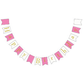 Happy Birthday Bunting Banner Pink White Gold