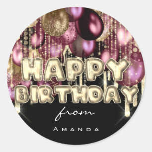 Happy Birthday Burgund Silver Gold BALLOONS Schwar Runder Aufkleber