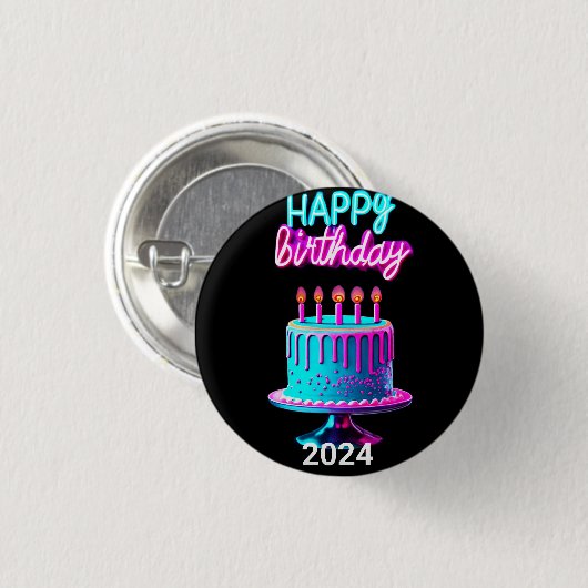 Happy Birthday Cake 2024 Bday Party Custom Neon Button (Vorne & Hinten)