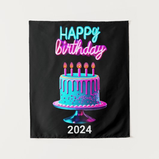 Happy Birthday Cake 2024 Bday Party Custom Neon Wandteppich (Vorderseite)