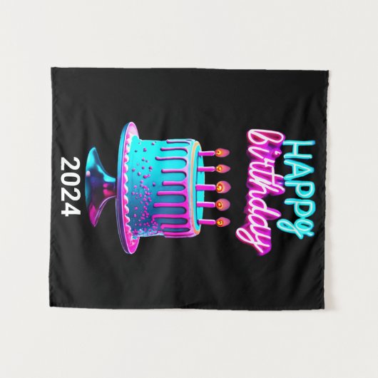 Happy Birthday Cake 2024 Bday Party Custom Neon Wandteppich (Vorderseite (Horizontal))