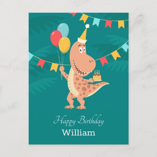 Happy Birthday Cake Balloon Niedlich Dinosaur Post Postkarte (Vorderseite)