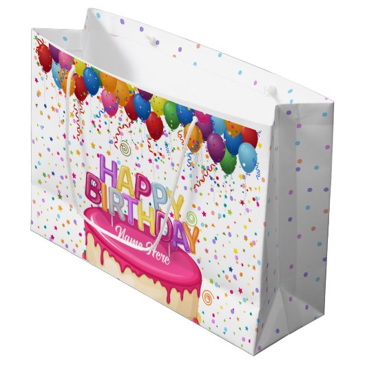 Happy Birthday Cake Balloon und Confetti Große Geschenktüte (Vorderseite Schrägansicht)
