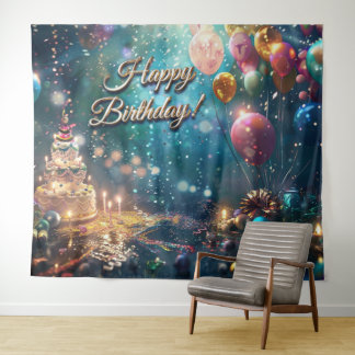 Happy Birthday Cake Balloons Party Decor Wandteppich