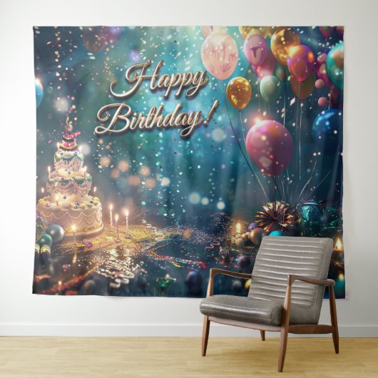 Happy Birthday Cake Balloons Party Decor Wandteppich (Beispiel (Horizontal))