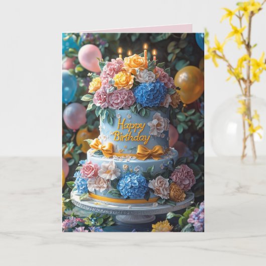 Happy Birthday Cake Candles Pretty Flowers Bows Karte (Gelbe Blume)