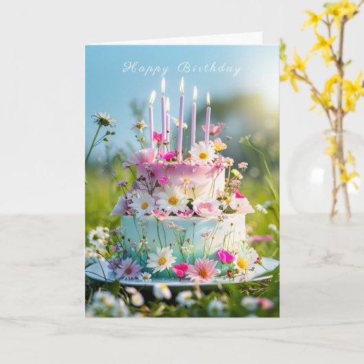 Happy Birthday Cake Pink Candles Frühlingsblumen Karte (Gelbe Blume)