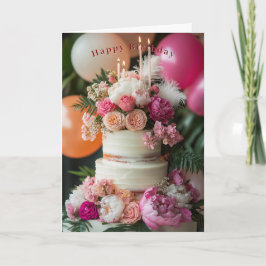 Happy Birthday Cake Pink Peonies Roses Feathers Karte
