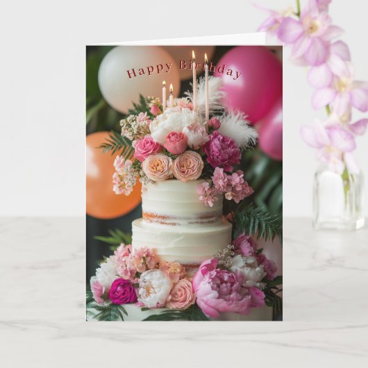 Happy Birthday Cake Pink Peonies Roses Feathers  Karte (Orchidee)