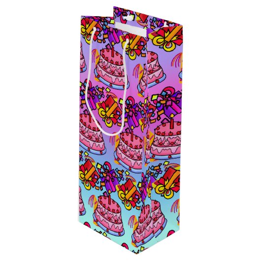 Happy Birthday Cake präsentiert Party Celebrate We Geschenktüte Für Weinflaschen (Vorderseite Schrägansicht)