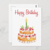 Happy Birthday Cake | Wasserfarbe Erdbeere Postkarte (Vorne/Hinten)