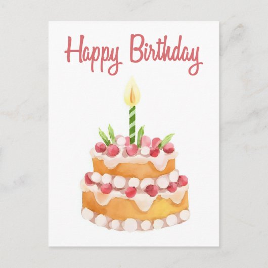 Happy Birthday Cake | Wasserfarbe Erdbeere Postkarte (Vorderseite)