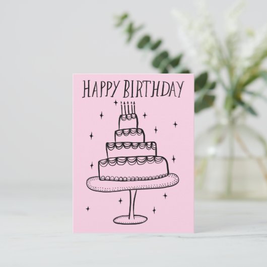 Happy Birthday Cake Whimsical Sketch Doodle Postkarte (Stehend Vorderseite)