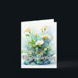 Happy Birthday Calla Lilies Blume Karte<br><div class="desc">Diese einmalige Geburtstagskarte bietet einige perkle Blume der Calla Lilie in einem Holzwagen. Bitte passen Sie alle verfügbaren Optionen an,  wie Sie möchten.</div>