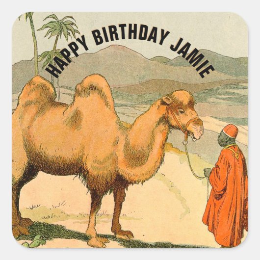 Happy Birthday Camel Illustriert Quadratischer Aufkleber (Vorderseite)