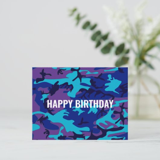 Happy Birthday Camouflage Dark Blue & Lila Postkarte (Stehend Vorderseite)
