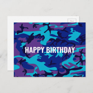 Happy Birthday Camouflage Dark Blue & Lila Postkarte