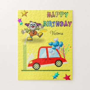 Happy Birthday Car Clown Stars Blue Hearts Puzzle