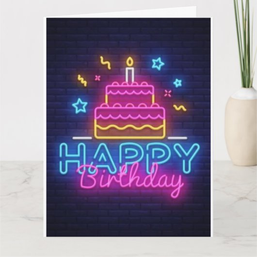 Happy Birthday Card - Birthday Cake Neon Lights Karte (Vorderseite)