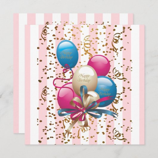 Happy Birthday Card Einladung BalloonsStripe Pink (Vorne/Hinten)