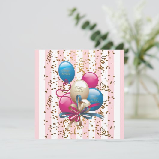Happy Birthday Card Einladung BalloonsStripe Pink (Stehend Vorderseite)