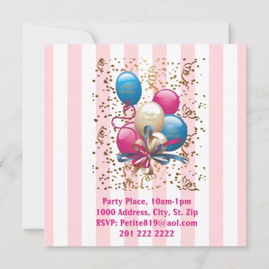 Happy Birthday Card Einladung BalloonsStripe Pink (Rückseite)