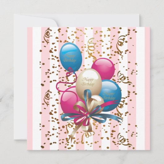 Happy Birthday Card Einladung BalloonsStripe Pink (Vorderseite)