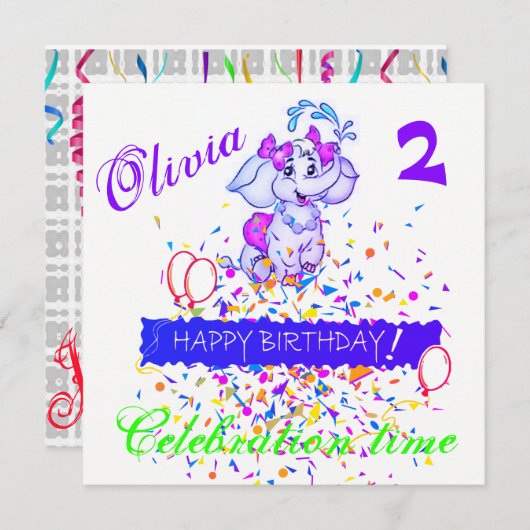 Happy Birthday Card Einladung Elephant (Vorne/Hinten)
