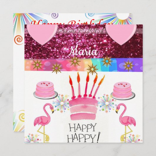 Happy Birthday Card Einladung Flamingo (Vorne/Hinten)