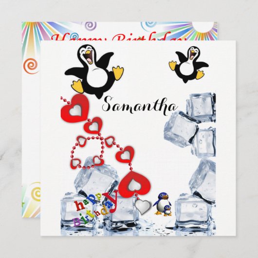Happy Birthday Card Einladung Pinguin (Vorne/Hinten)