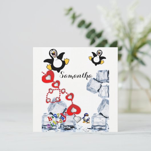 Happy Birthday Card Einladung Pinguin (Stehend Vorderseite)