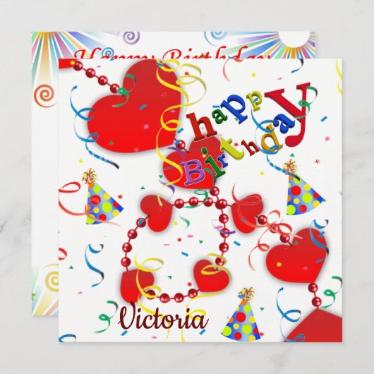 Happy Birthday Card Einladung Rote Herzen (Vorne/Hinten)