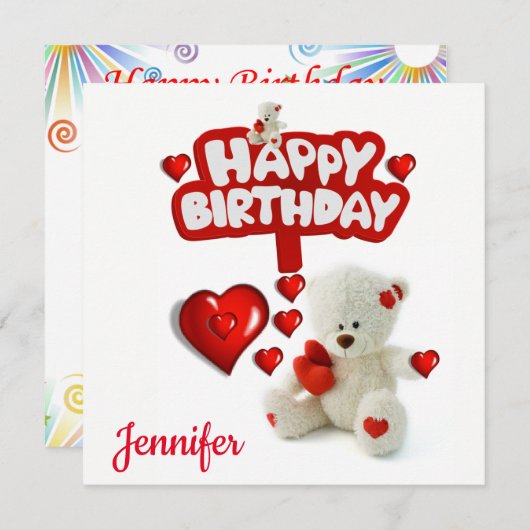 Happy Birthday Card Einladung White Teddy Bär (Vorne/Hinten)