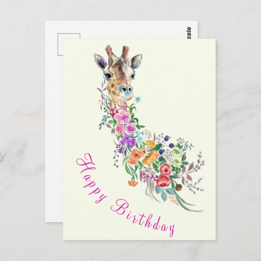 Happy Birthday Card Farbenfrohe Blume Giraffe Postkarte (Vorne/Hinten)