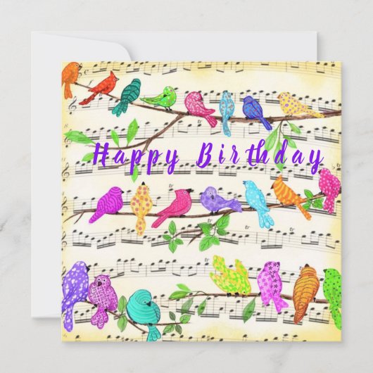 Happy Birthday Card farbenfrohe Musik Birds Song (Vorderseite)