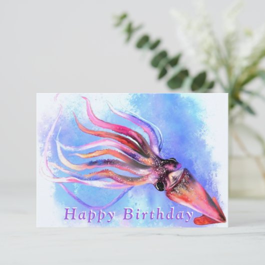 Happy Birthday Card Farbenfroher Tintenfisch - Mal (Stehend Vorderseite)