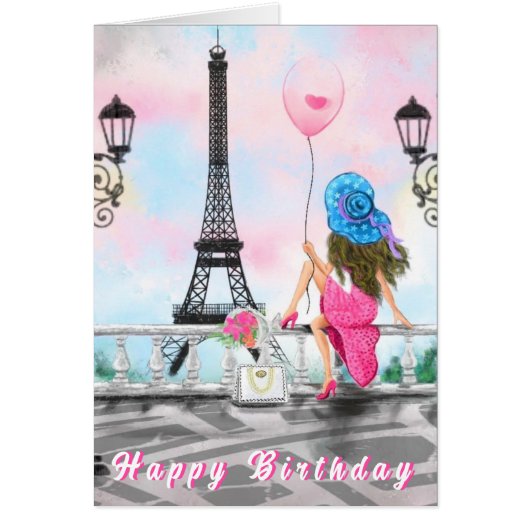 Happy Birthday Card Frau in Paris Eiffelturm (Vorne)