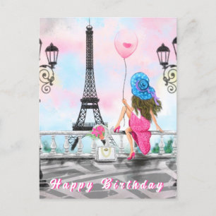 Happy Birthday Card Frau in Paris Eiffelturm Postkarte