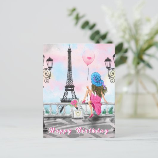 Happy Birthday Card Frau in Paris Eiffelturm Postkarte (Stehend Vorderseite)