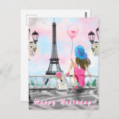 Happy Birthday Card Frau in Paris Eiffelturm Postkarte (Vorne/Hinten)