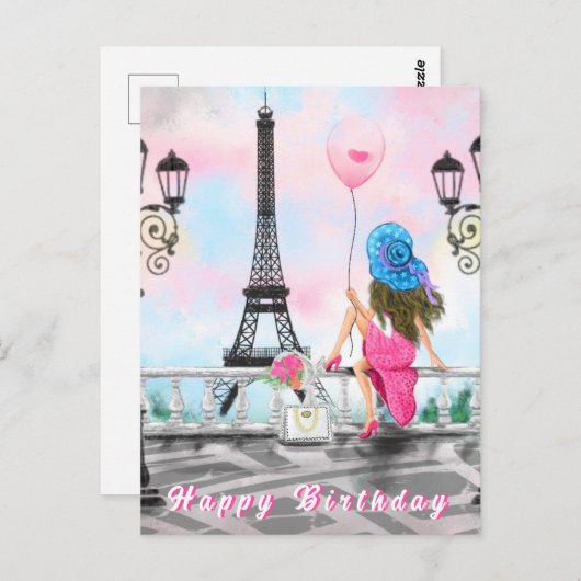 Happy Birthday Card Frau in Paris Eiffelturm Postkarte (Vorne/Hinten)