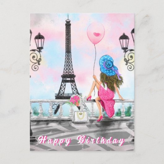 Happy Birthday Card Frau in Paris Eiffelturm Postkarte (Vorderseite)