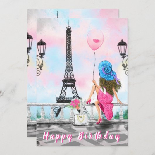 Happy Birthday Card Frau mit Ballon in Paris (Vorne/Hinten)